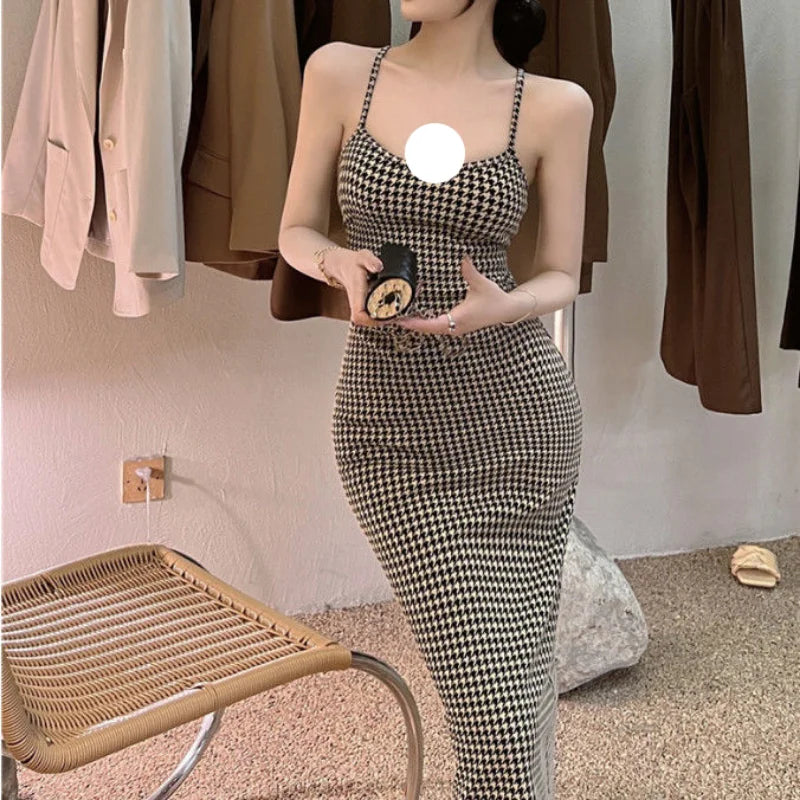 Spaghetti Straps Design Vintage Tunic Summer Sexy Mid-calf Dress