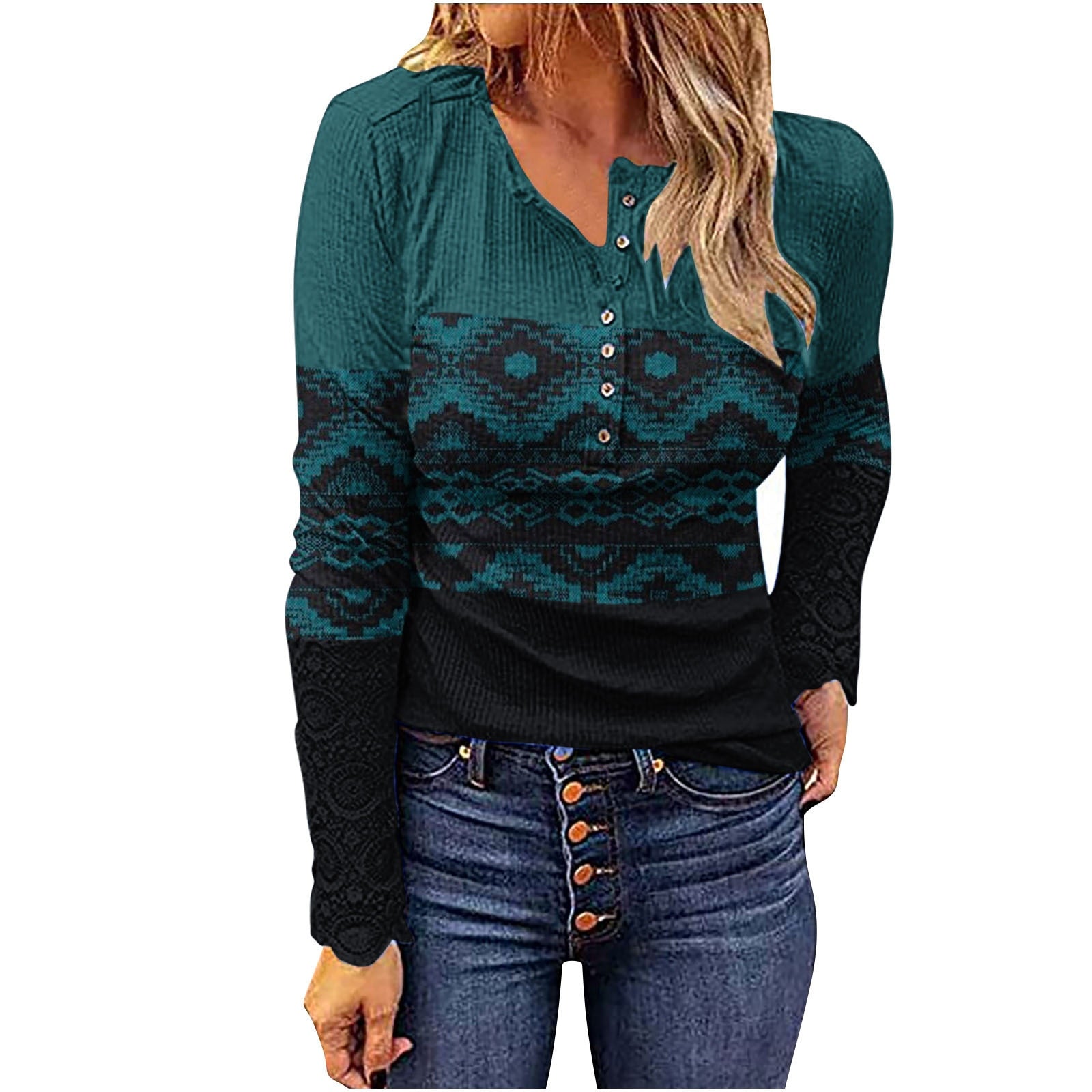 Autumn Winter Geometric Print Western Ethnic Style Casual Pullover V Neck Button Long Sleeve Shirt