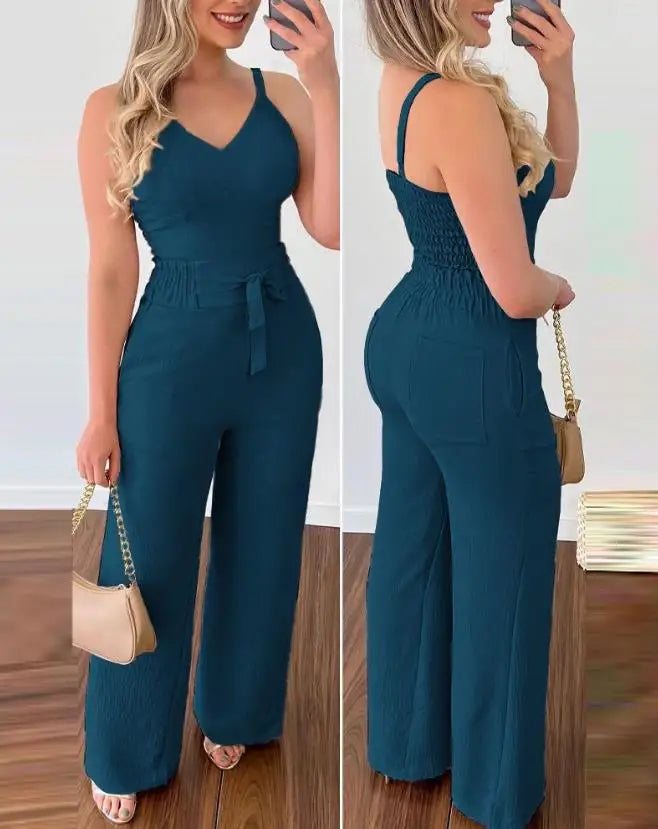 Casual Summer Two-Piece Solid Color V-Neck Elastic Vest Top and High Waisted Pocket Tied Wide Leg Commuting Pants Set