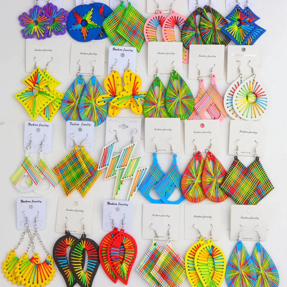 10 Pairs Boho Ethnic Print Wooden Earrings – Colorful Geometric Statement Set