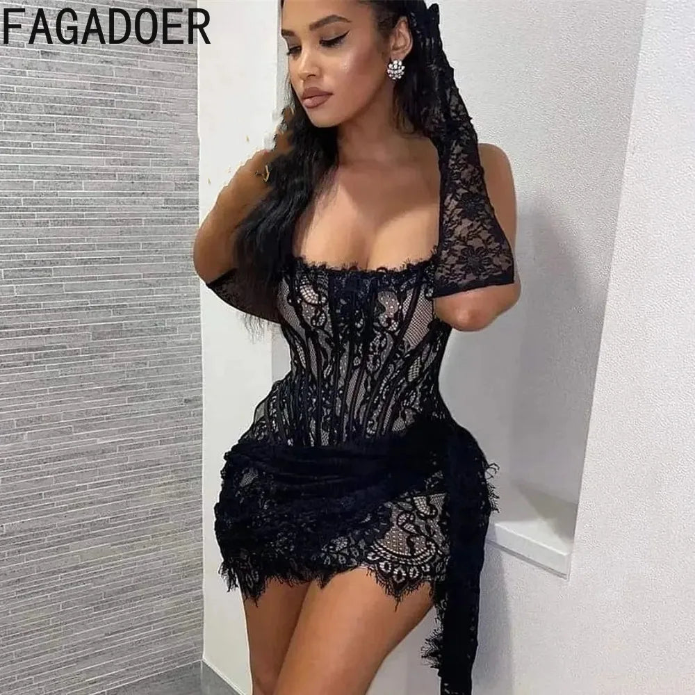 Vintage Elegant Lace Mesh See Through Bandage Dresses +Lace Gloves