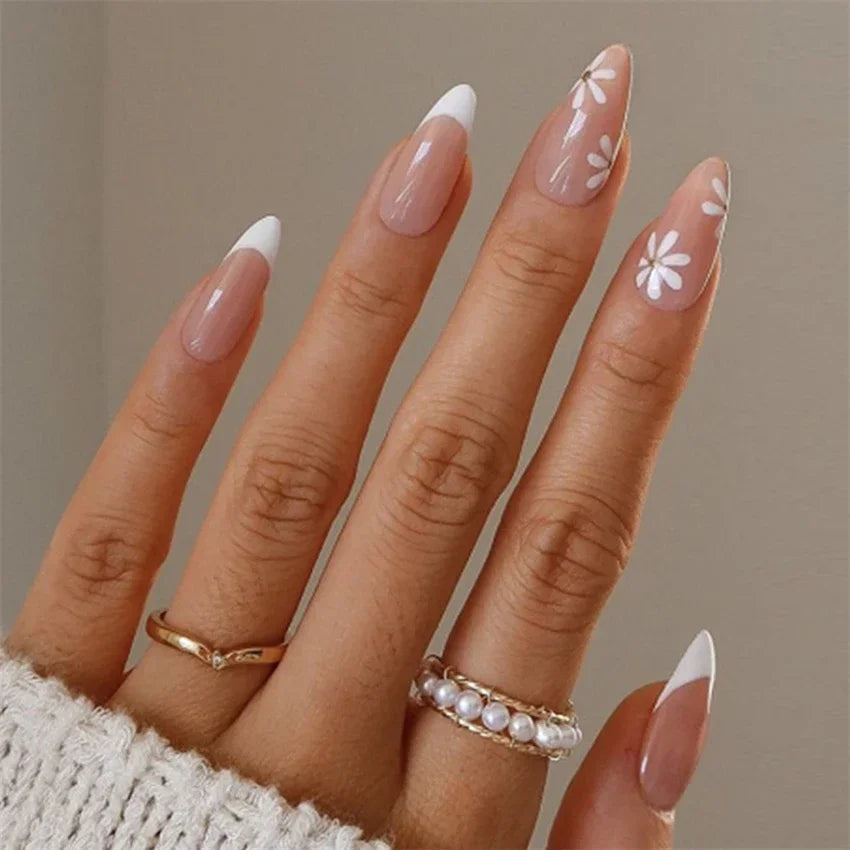24P/set Medium Length French False Nails