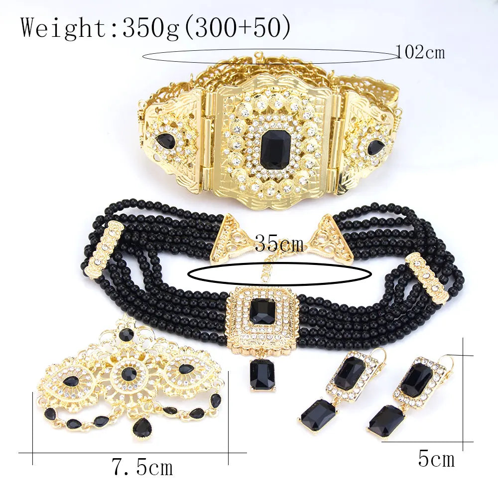 Chic Moroccan Caftan Belt Waist Chain Bead Choker Necklace Crystal Earring Brooch Pin Gold Color