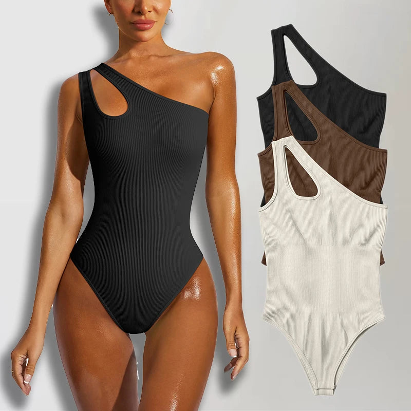 Tummy Control Cutout Sleeveless Sculpting One-shoulder Sexy Bodysuits