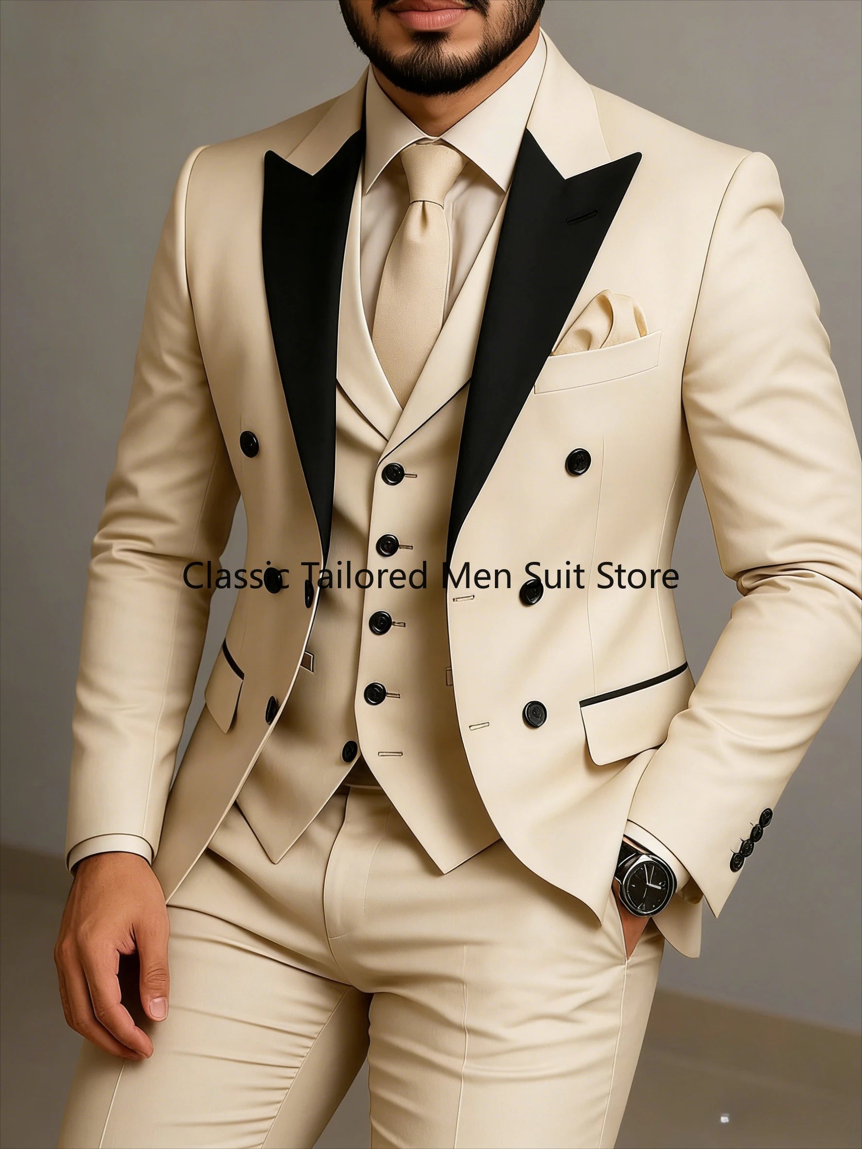 Beige Double Breasted Suit  Black Lapel  Slim Fit Wedding Suit
