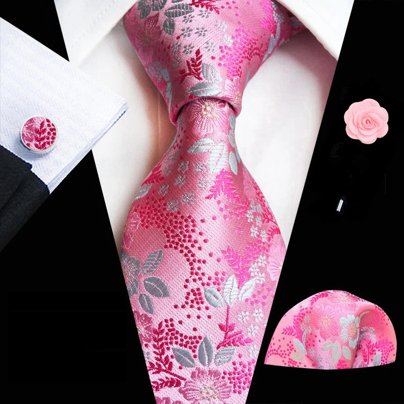 Floral  Neck Tie Set Handkerchief Brooch Cufflinks Men Accessories