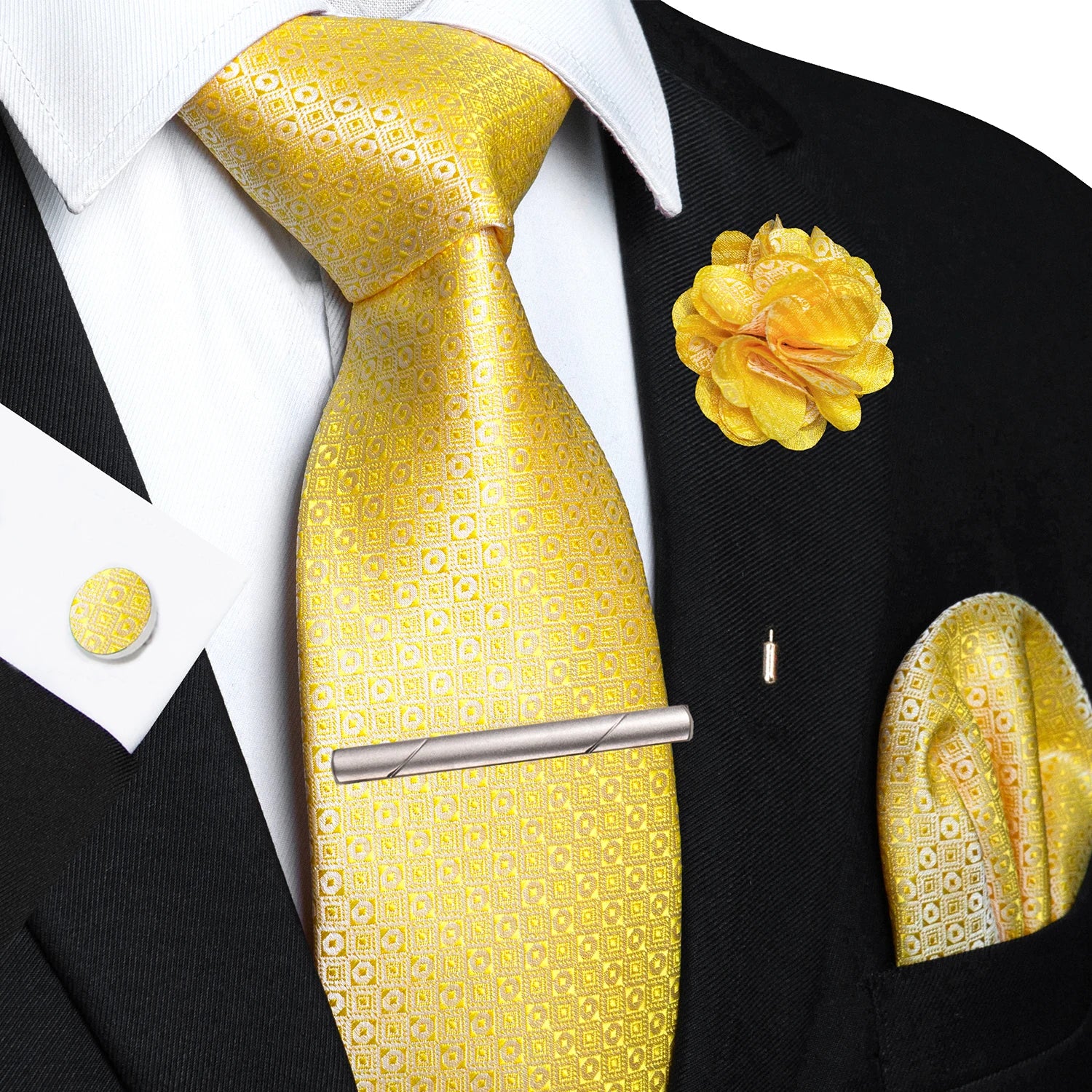 Brown Yellow Plaid Silk Tie Set for Men