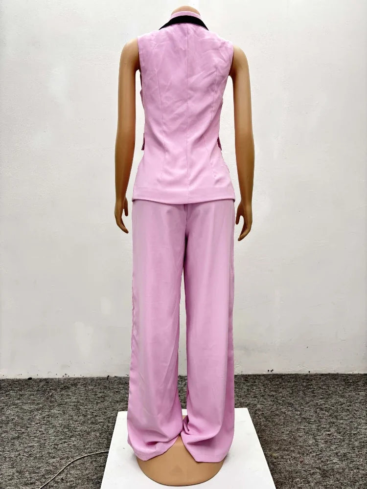 Elegant Color Blocking Sleeveless Vest Wide Leg Trousers 2-Piece Set