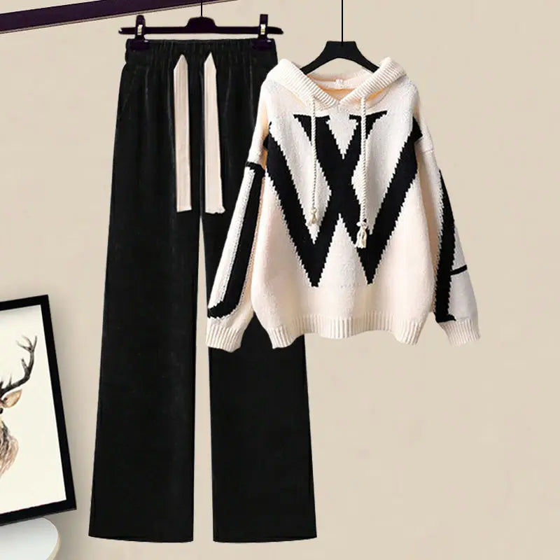 Autumn/Winter  Casual Sweater Waist Cinching and Slimming Wide Leg Pants Two-piece Set