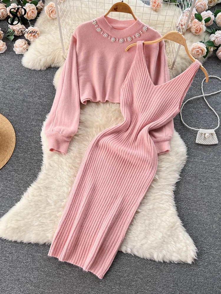 Winter Knitted Fashion Breading Long Sleeve Pearl Sweater+Knitted Camis Dress Sets