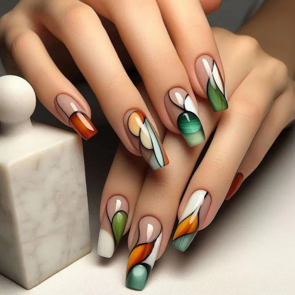 24pcs Mid-length  Flower Design Stick on Fake Nail