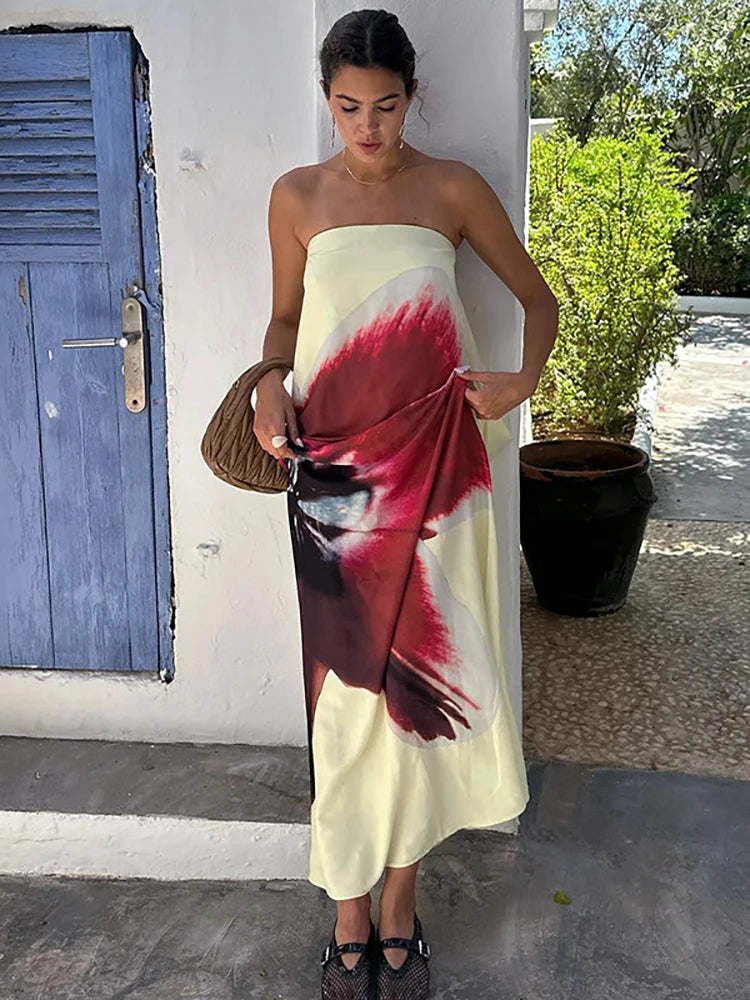 Sexy Strapless Print Floral Belt Maxi Dress
