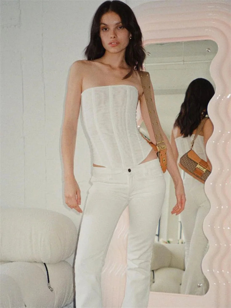 Mesh Backless Summer Patchwork Strapless Solid Slim Sexy  Tank Top