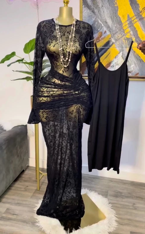 Long Sleeve Stacked Mesh See Though with Lining Bodycon Long Dress