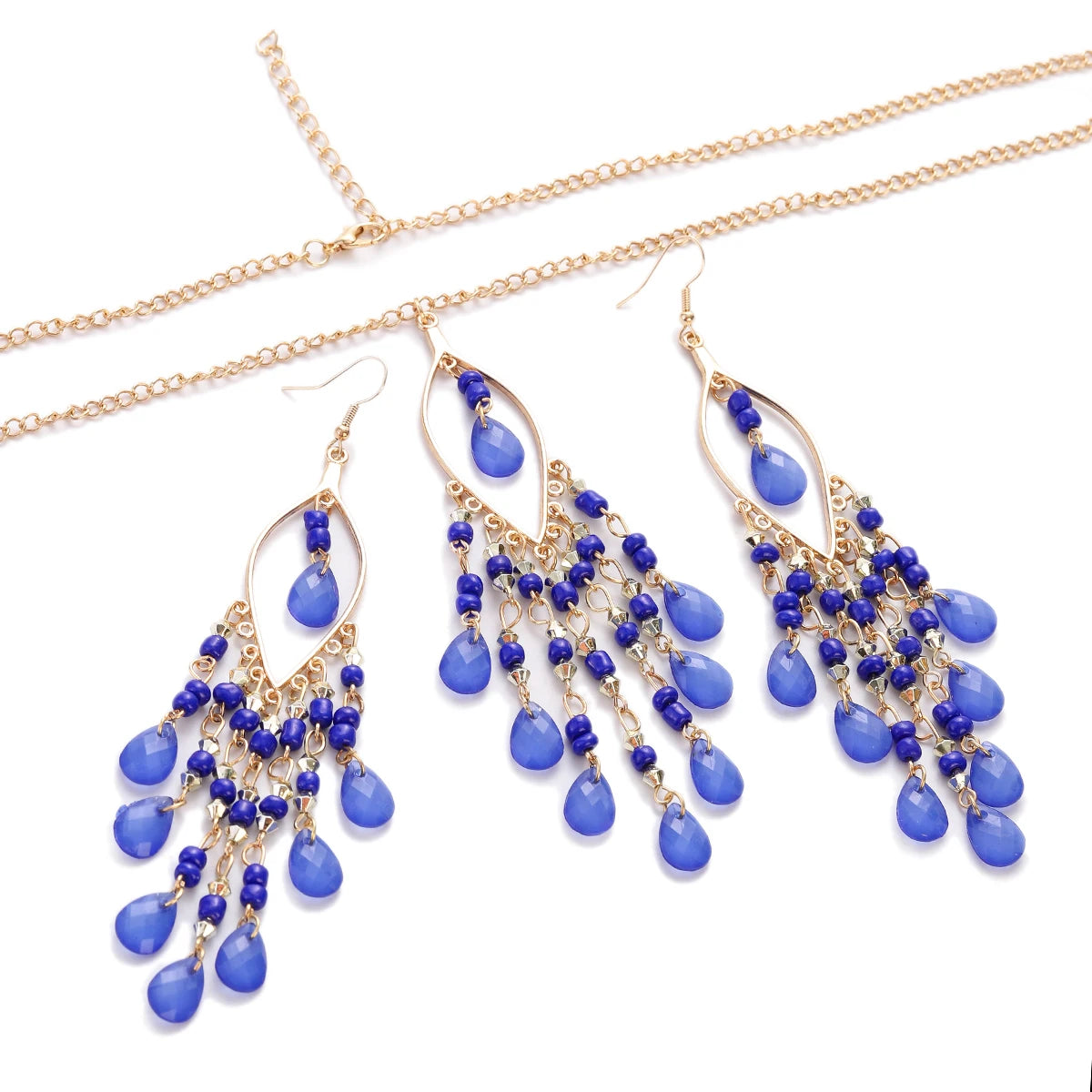Bohemian Multicolor Crystal Long Tassel Dangle Earrings & Necklace Set – Retro Gold-Plated Geometric Wedding Jewelry