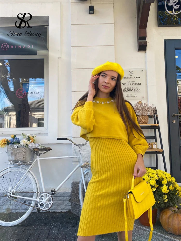 Winter Knitted Fashion Breading Long Sleeve Pearl Sweater+Knitted Camis Dress Sets