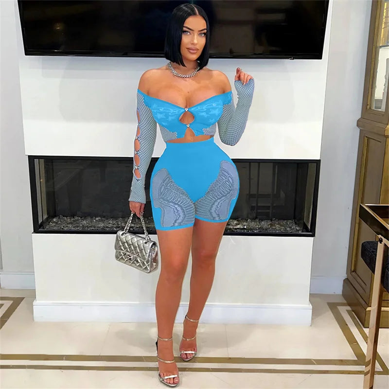 Long Sleeve Hollow Out Crop Top and Shorts Matching Sets