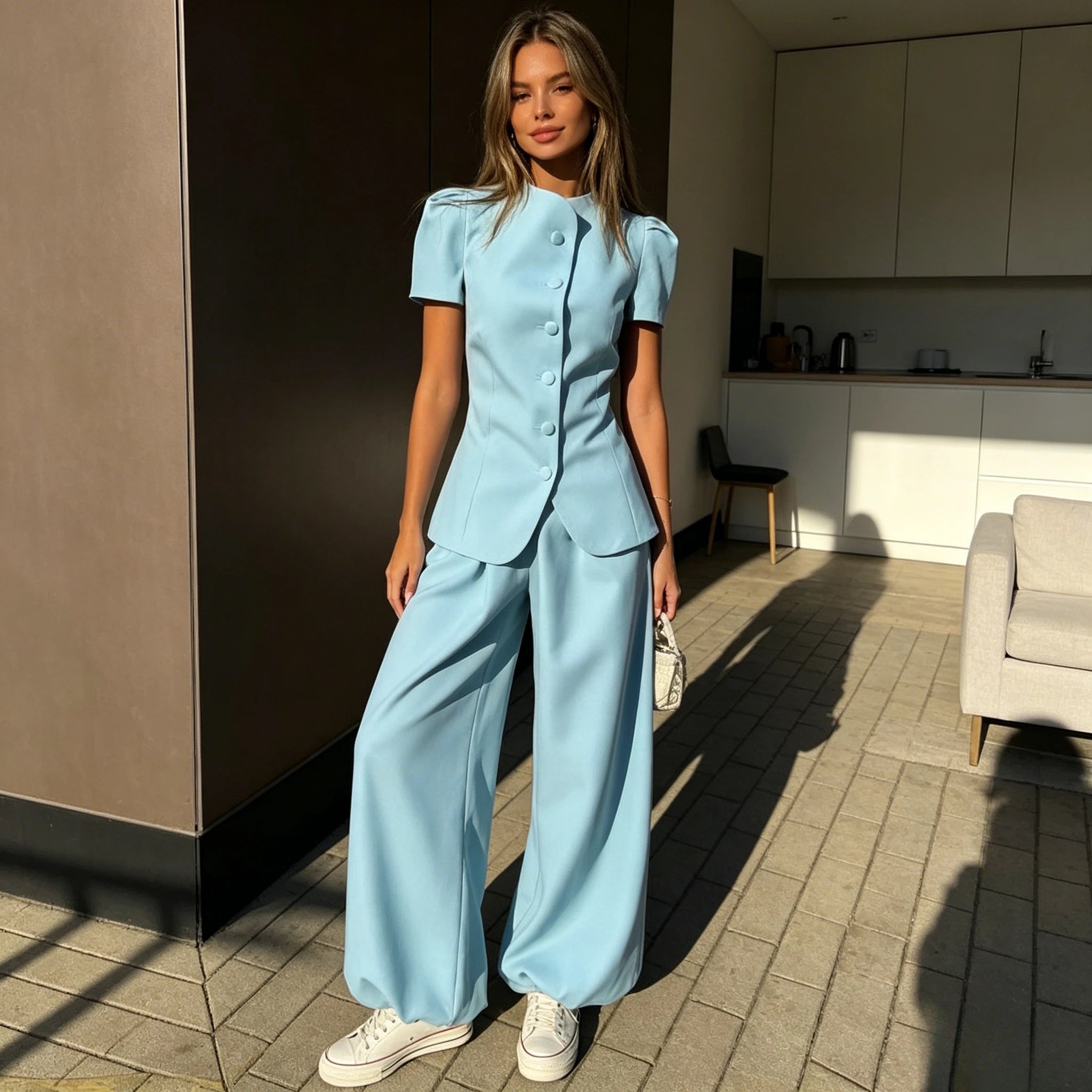 Round Neck Short Sleeve Top & Wide Leg High Waist Pants