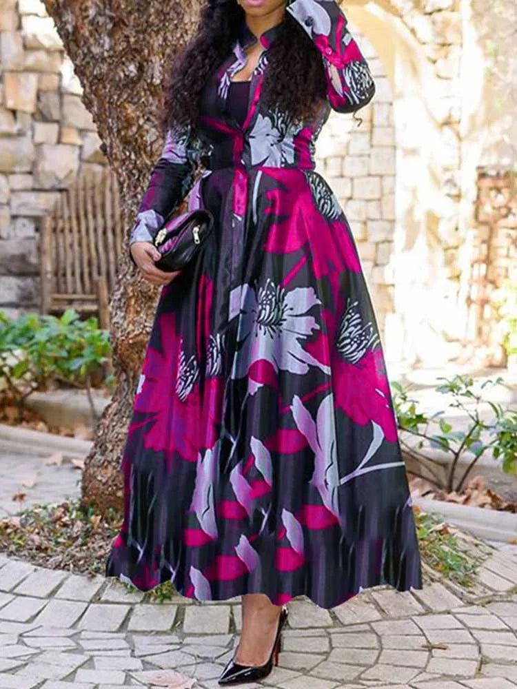 Autumn Long Sleeve  Vintage and Flowers High Waist Sexy Chiffon Long Dresses