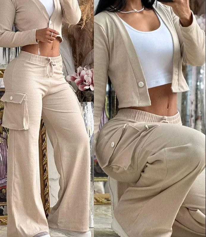Fashion and Elegant Autumn Cardigan Long Sleeve Coats Drawstring Pants