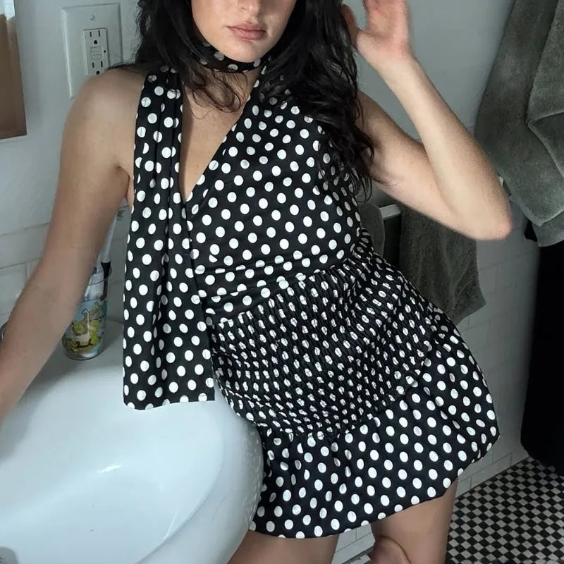 Bowknot Sexy Strapless Polka Dot Tie Top Ruffle Skirt Set