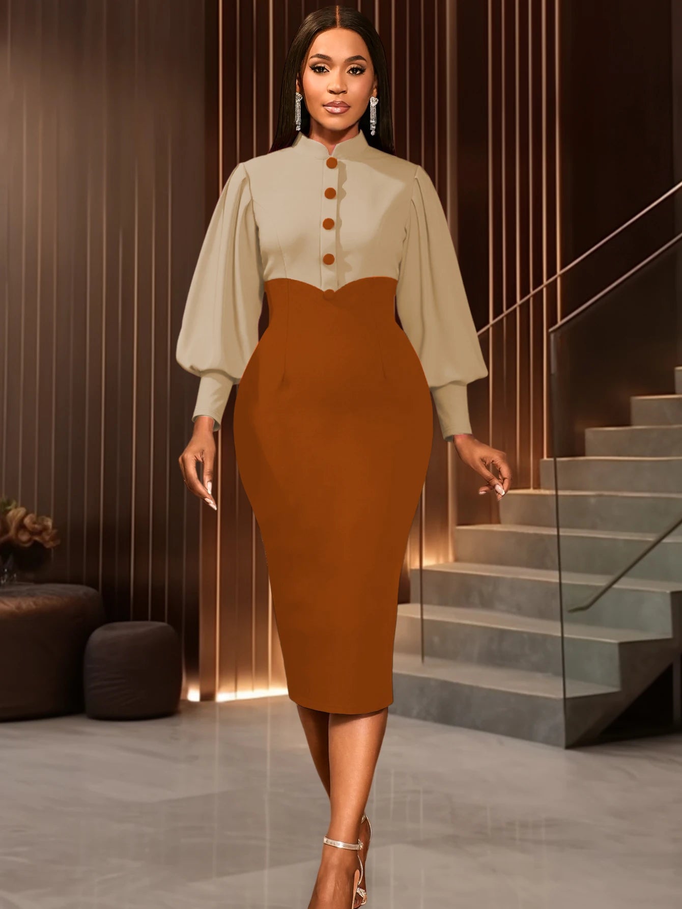 Women’s Elegant Colorblock Mock Neck Dress