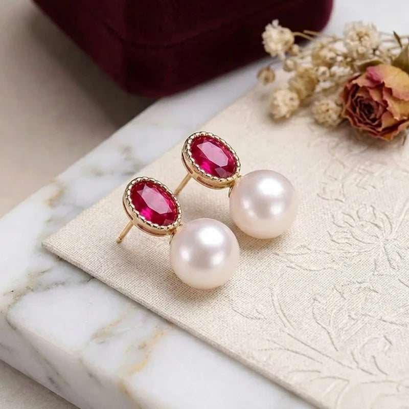 Chic Rose Red CZ & Imitation Pearl Stud Earrings