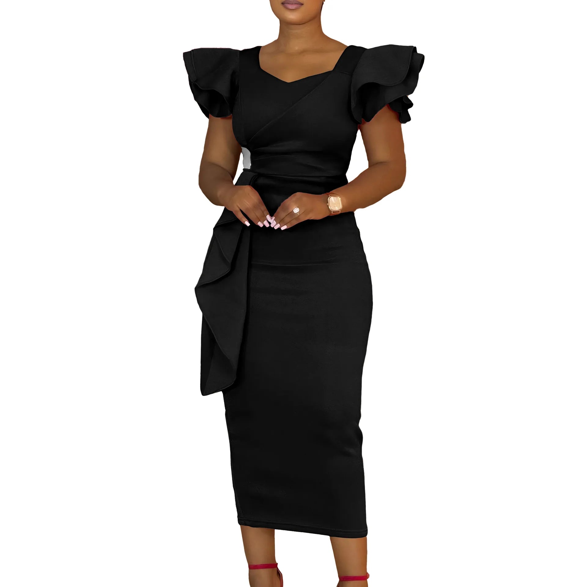 Elegant Ruffled Solid Color  Mid-Length Dress