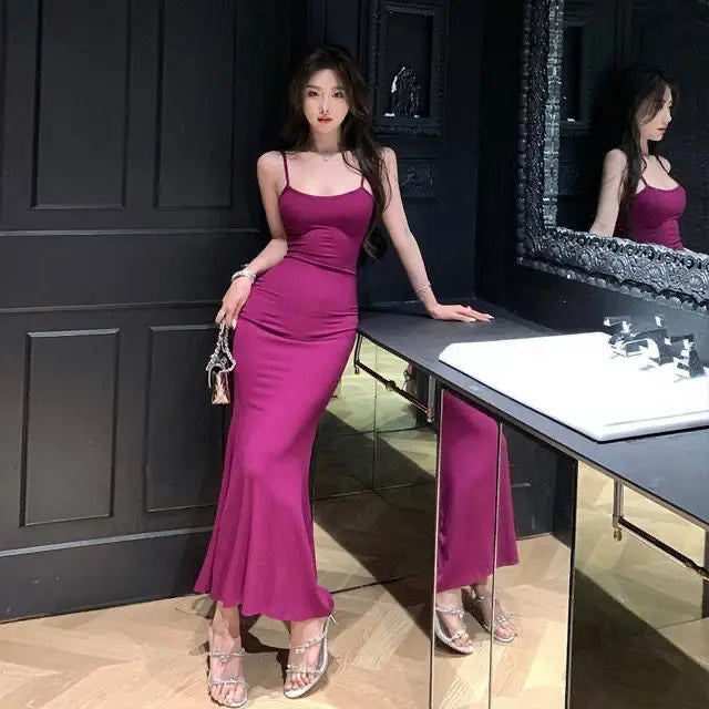 Summer Sexy Purple Streetwear Sleeveless Backless Solid Spaghetti Strap Dresses