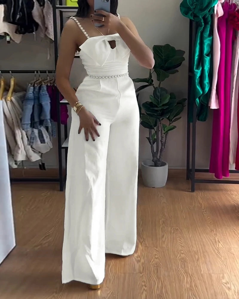 New Bandeau Beaded Spaghetti Strap Bowknot Design Ruched Slim Fit Jumpsuit
