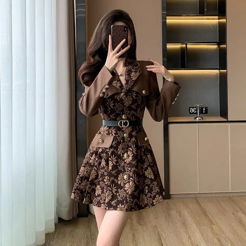 Retro Flower Jacquard Mini Dress – Autumn Patchwork A‑Line Party Dress with Belt