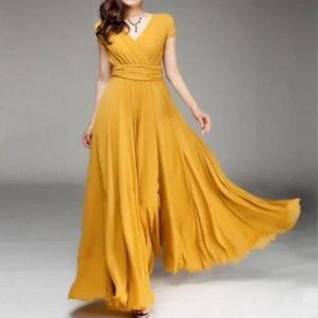 2025 Women's V Neck Short Sleeve Evening Party Dress Temperament Solid Colour Long Cocktail Chiffon High Waist Summer Dresses