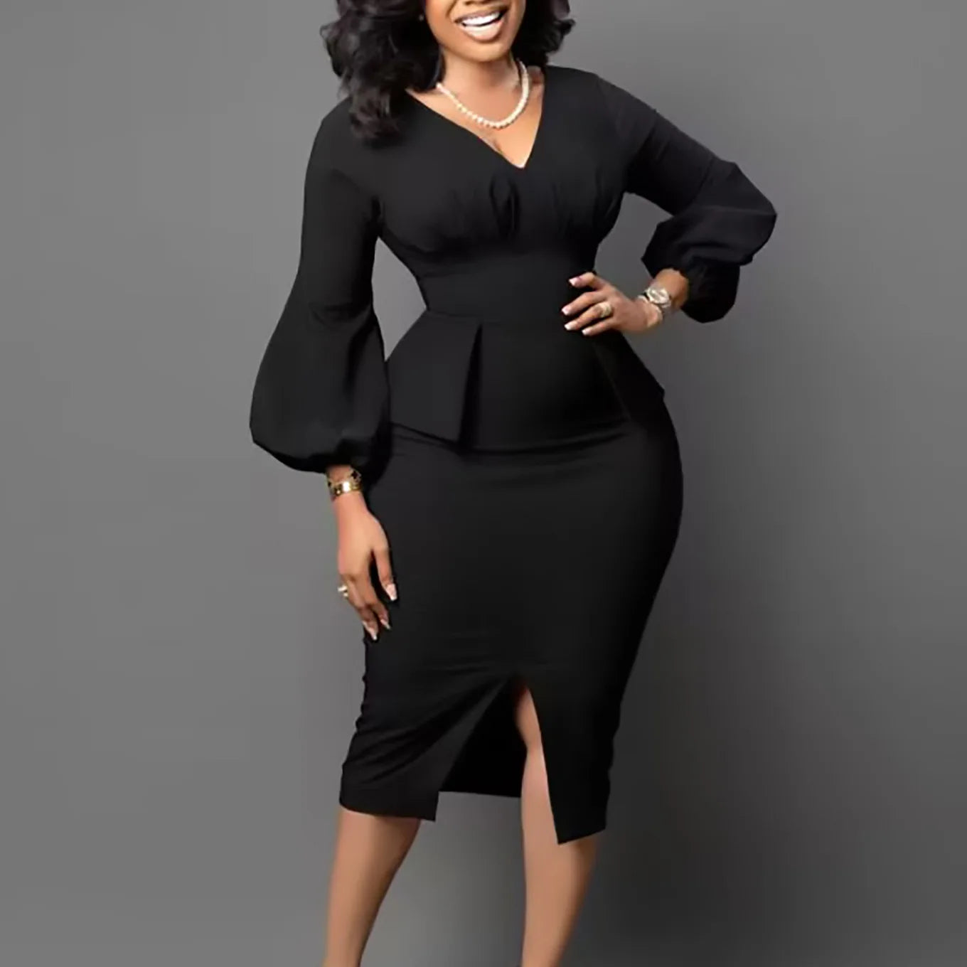 New  V-neck Puffed Sleeve Slit Dress
