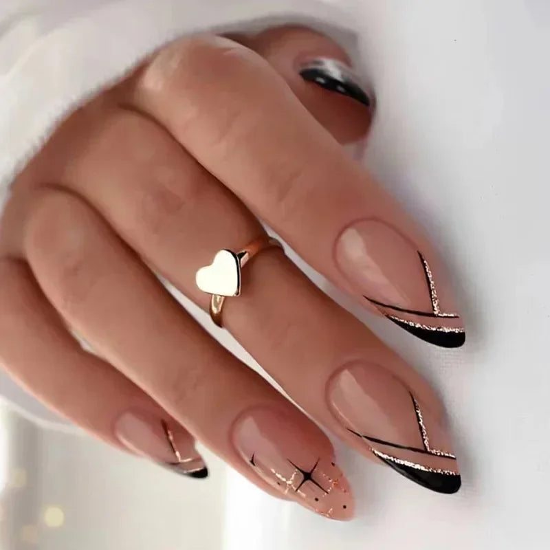 24Pcs Simple Almond Fake Nails with Green Leaves Design