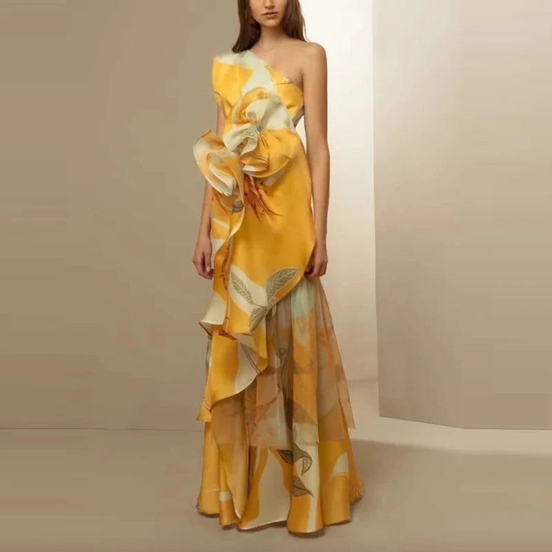 New Party Floral Print Elegant Diagonal Collar Long Dress