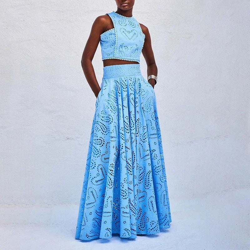 Slim Lace  O Neck Sleeveless Vest Top+Long Skirt Set
