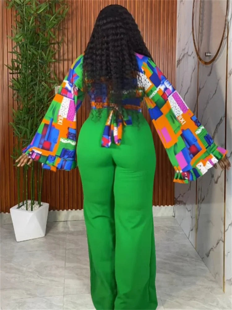 Long Sleeve Print Top & Wide Leg Pants Matching Suit for Effortless Fall Style