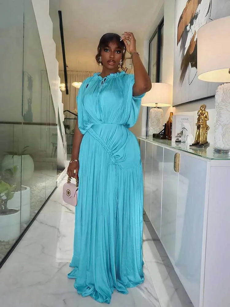 High Waist Draped Chic Sky Blue Dress