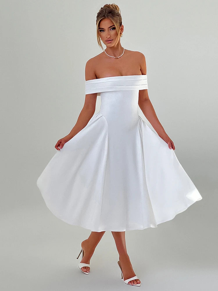 Off-shoulder Backless  Solid Strapless Sleeveless A-line Loose Pleated Long Dress