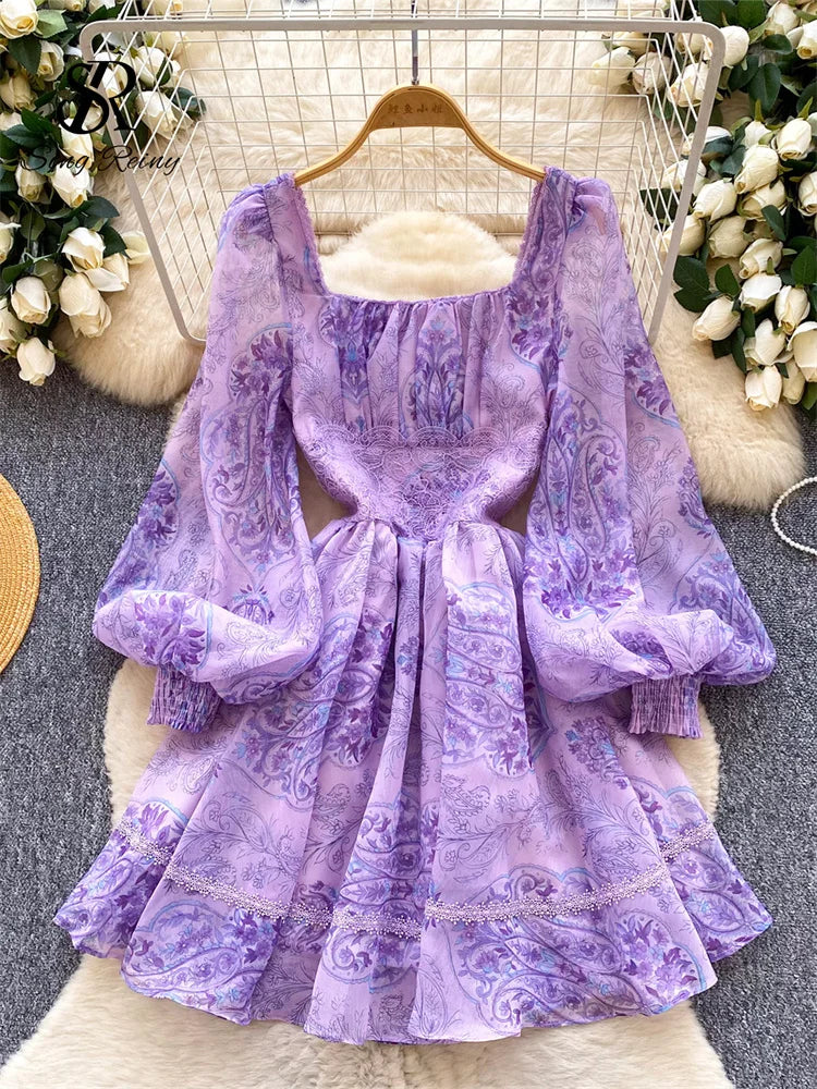 Print Lace Chiffon Square Collar Lantern Sleeve Slim A-Line Dress