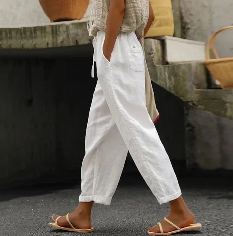 2026 Cotton Linen Loose Casual Solid Simple Drawstring Pockets Straight Leg Pants