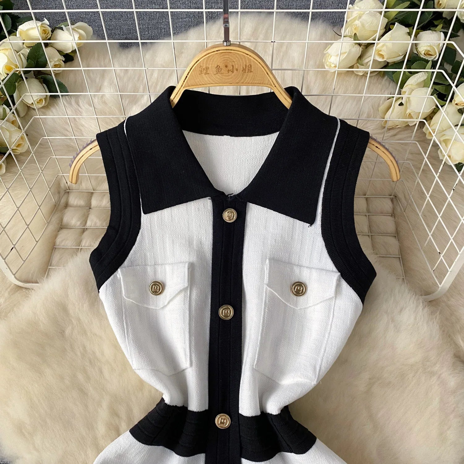 Vests Knitted  Bodycon Streetwear Polo Neck Sleeveless Single Breasted Splice Dress
