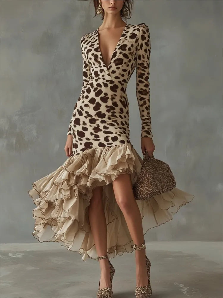 2026 Deep V-Neck Leopard Print Slim Dress