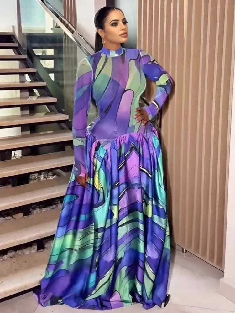 Spring & Summer Elegant Abstract Print Maxi Dress