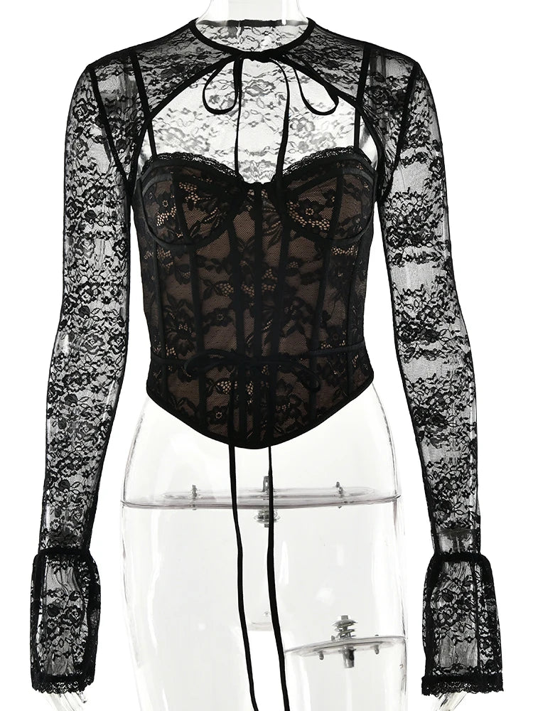 Sexy See Through Lace Two Piece Sets Long Sleeve Print Floral Tops