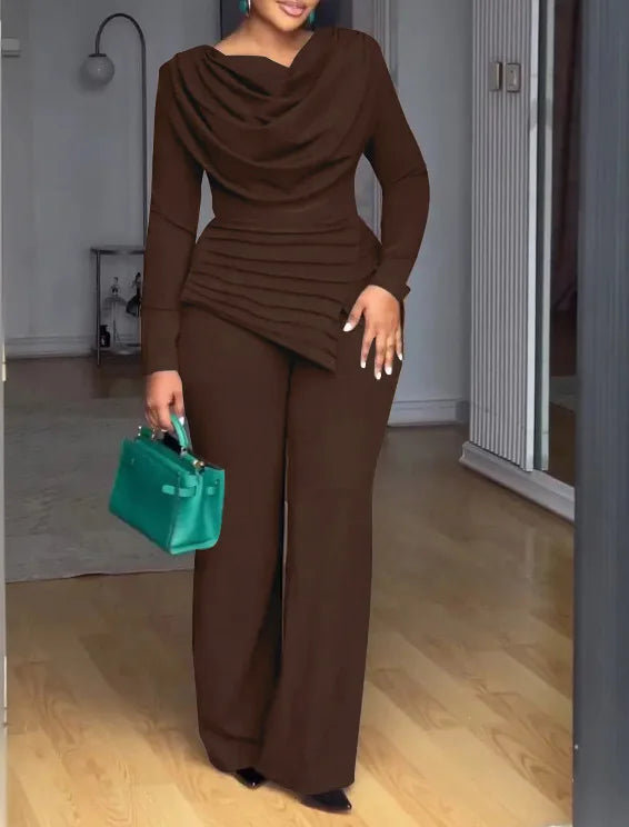 Pleated Round Neck Long Sleeve Top Full Length Waist Slim Casual  Pant Set