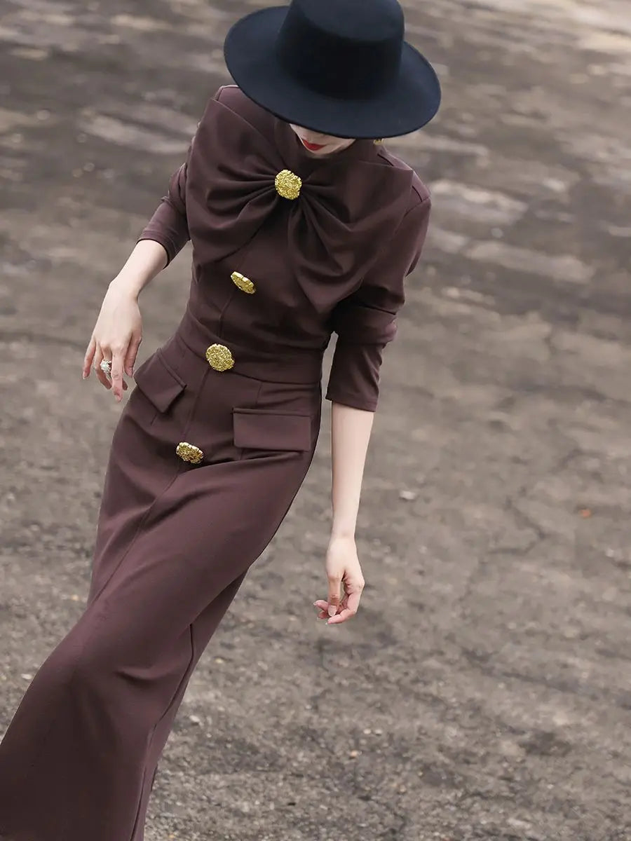 High End Autumn New Style Elegant Socialite Bow Metal Buckle Slim Fit and Solid Color Hip Hugging Dress
