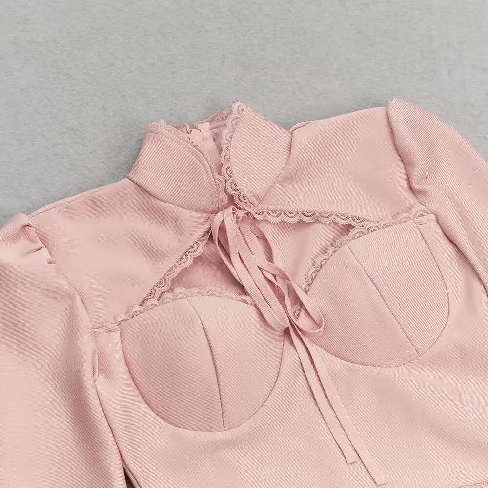 Sexy Striped Long Sleeve Square Collar Lace Up Midi Calf Bandage Dress