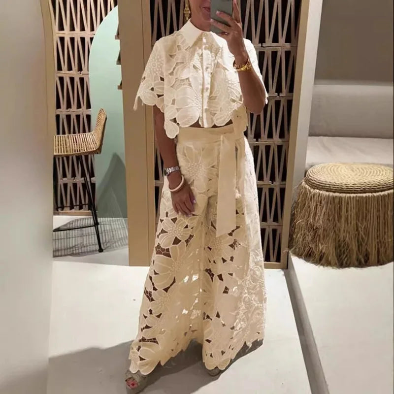 Spring Embroidery Hook Flower Hollow Crochet  Polo-Neck Button Tops+Wide Leg Pants Outfits