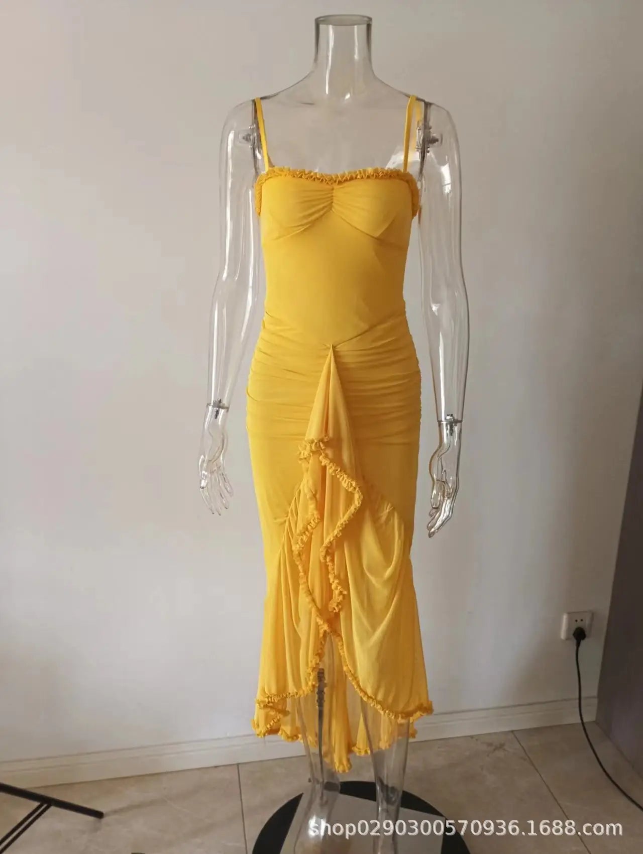 Elegant Irregular Ruffles Hem Pleated Sling Maxi Dress
